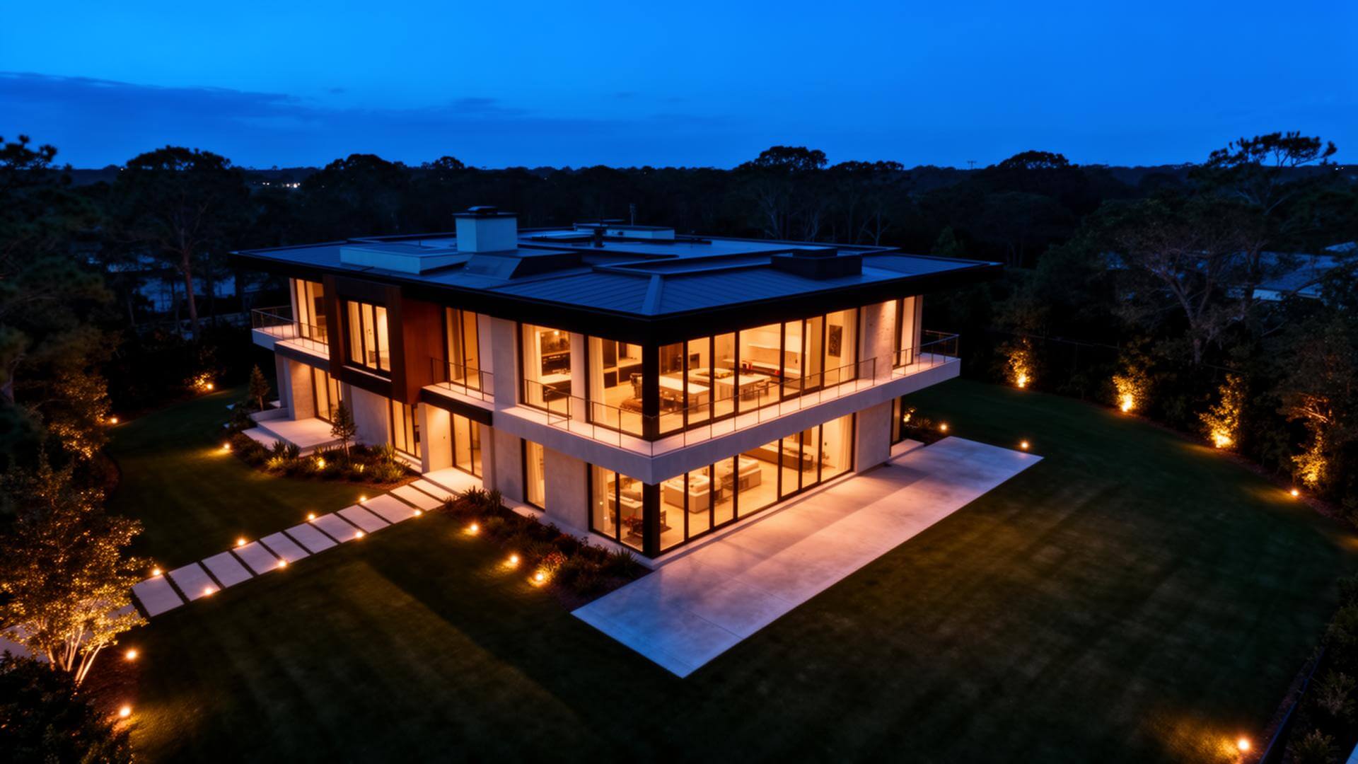 Modern home at twilight with warm lighting